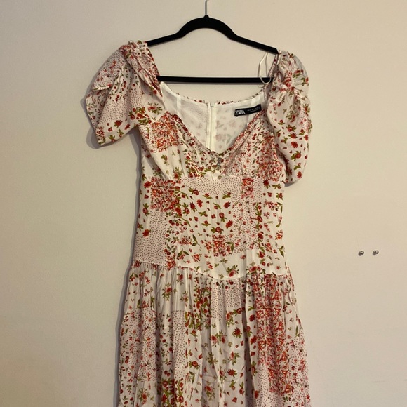 NWT Zara Patchwork Floral Print Midi Dress with Side Slit White Red S - Picture 11 of 14